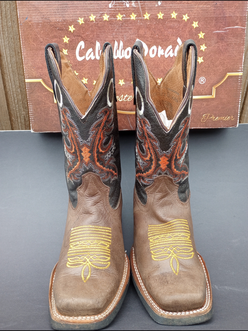 Men's Brown and Black Western Cowboy Boots with Orange Embroidery. Size M 7.5 W8